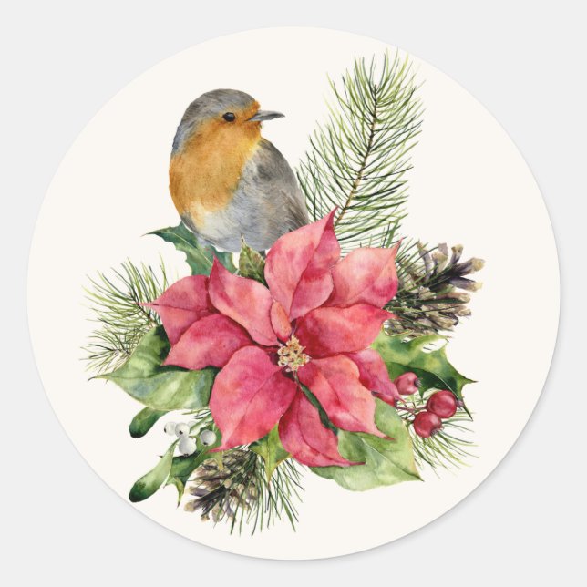Sticker Rond Robin rouge, Poinsettia, pin, Noël saint (Devant)