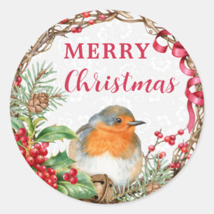 Sticker Rond Robin rustique Joyeux Noël Fêtes