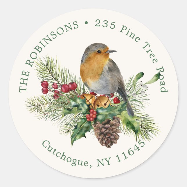 Sticker Rond Robin, saint, pin Noël adresse de retour (Devant)