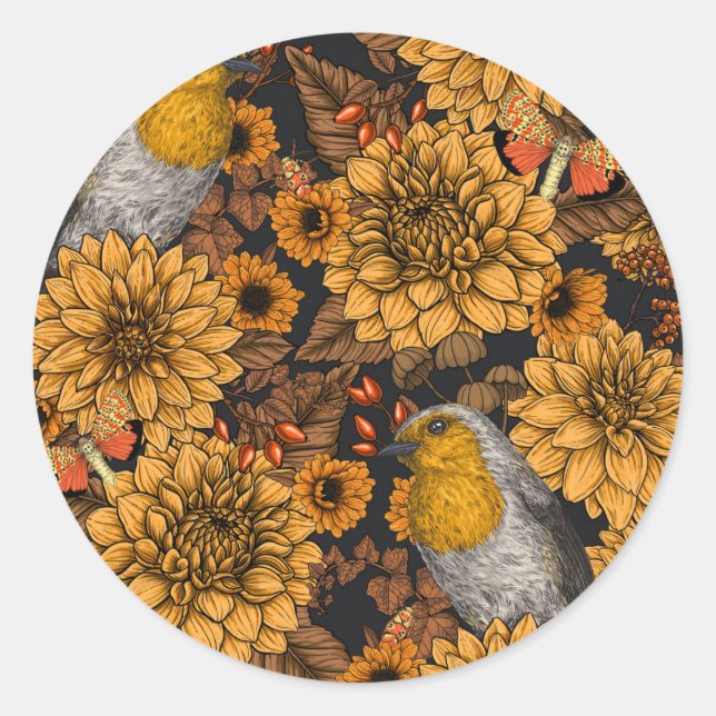 Sticker Rond Robins dans le jardin d'automne sur noir (Devant)