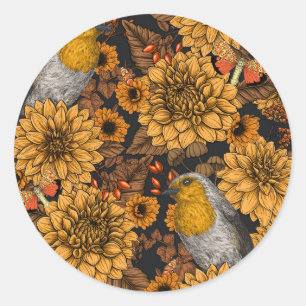 Sticker Rond Robins dans le jardin d'automne sur noir