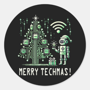 Sticker Rond Robot IA avec arbre de Noël Tech - Joyeux Techmas