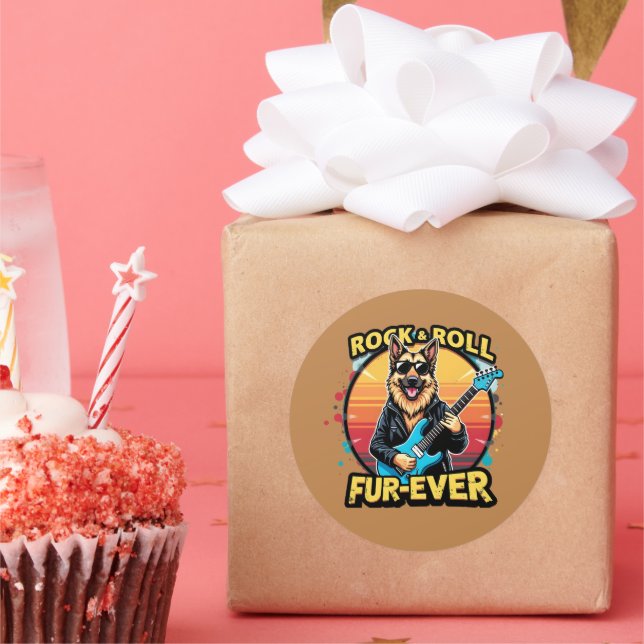 Sticker Rond Rock and Roll German Shepherd'Art Retro Sunset (Fête)