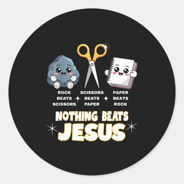 Sticker Rond Rock Paper Scissors But Nothing Beats Jesus Funny  (Devant)