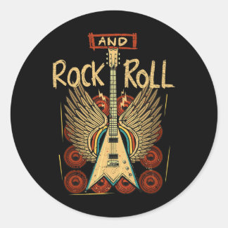 Sticker Rond Rock Roll Guitar Wings Rock Music Vintage Rocker G