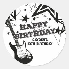 Sticker Rond Rock Star Birthday Guitar Black White Stars