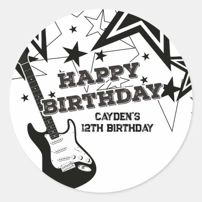 Sticker Rond Rock Star Birthday Guitar Black White Stars (Devant)