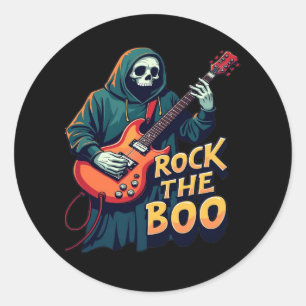 Sticker Rond Rock the Boo - Halloween Skeleton Guitare Design