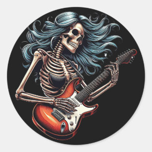 Sticker Rond Rocker Skeleton femme jouant de la guitare Dark ar