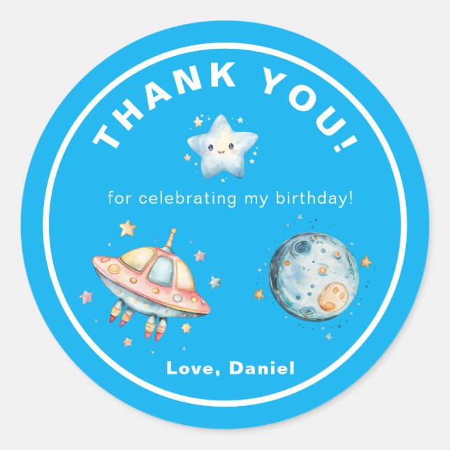 Sticker Rond Rocket Ship Thank You Outer Space Birthday (Devant)