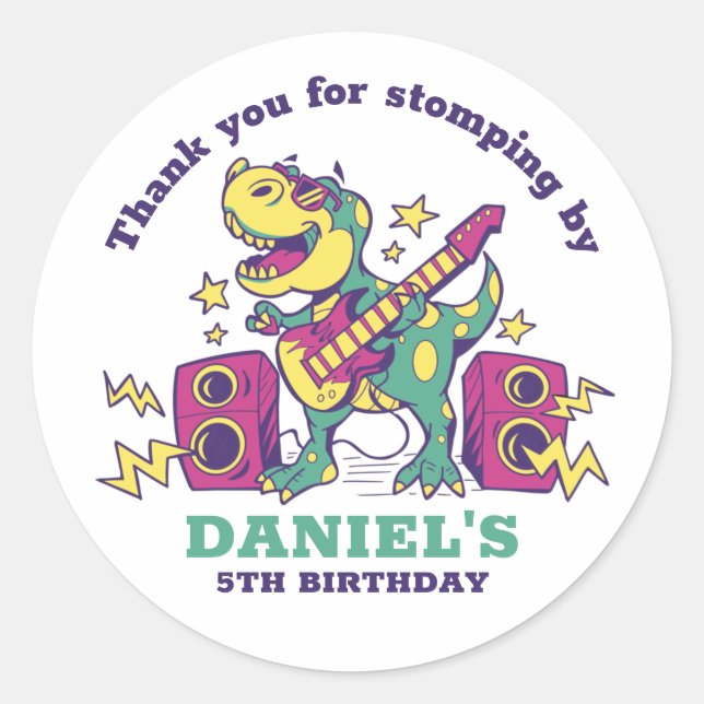 Sticker Rond Rockstar T-Rex Dinosaur Enfants garçons fête d'ann (Devant)