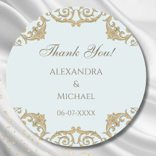 Sticker Rond Rococo, Orné bleu Merci Mariage victorien