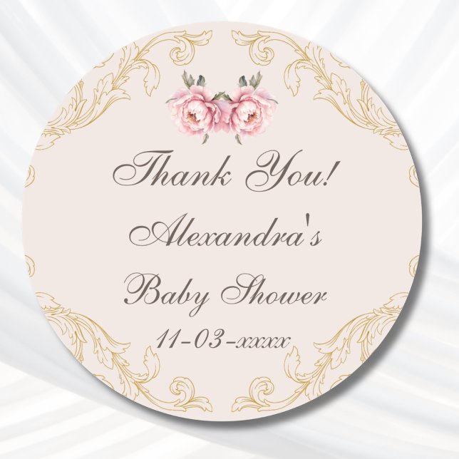 Sticker Rond Rococo Rococo Rococo Fleurs Baby shower Merci (Créateur téléchargé)