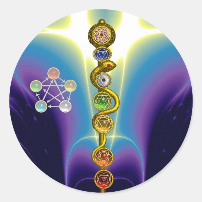 STICKER ROND RODE D'ASCLEPIUS 7 CHAKRAS, YOGA, ÉNERGIE SPIRITUE (Devant)