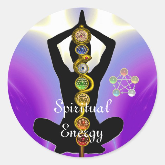 Sticker Rond RODE D'ASCLEPIUS 7 CHAKRAS, YOGA LOTUS POSE violet (Devant)