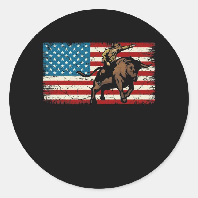 Sticker Rond Rodeo Bull Rider Drapeau américain patriotique (Devant)
