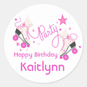 Sticker Rond Roller Skates Anniversaire - Rose