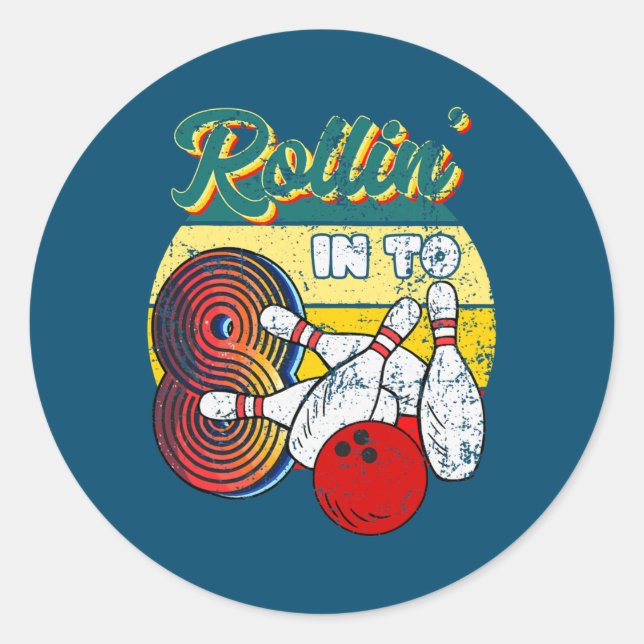 Sticker Rond Rollin en 8 Bowling Anniversaire fête 8 Anniversai (Devant)