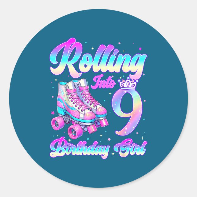 Sticker Rond Rolling Into 9 Year Old Roller Skating 9th Birthda (Devant)