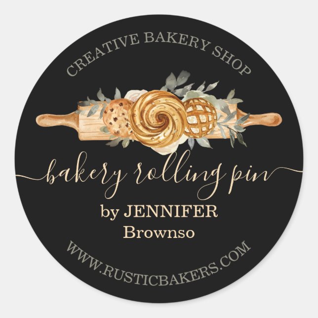 Sticker Rond Rolling Pin Boulangerie Cookies Pains noir élégant (Devant)
