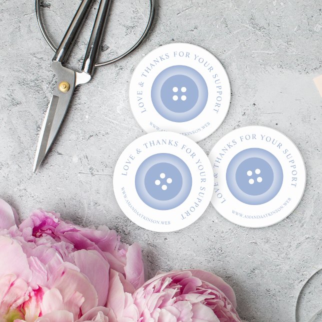 Sticker Rond Romantic Baby Blue Button Love & Thank  (Romantic Baby Blue Button Love & Thanks Quote Classic Round Sticker for Support Small Business.)