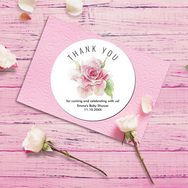 Sticker Rond Romantic Soft Pink Thank You (Romantic Soft Pink Thank You Classic Round Sticker #zazzle made #romanticthankyousticker #watercolor)