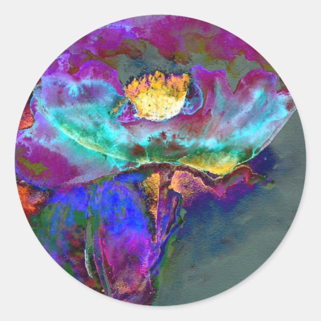Sticker Rond Romantique élégant violet turquoise peinture de fl (Devant)