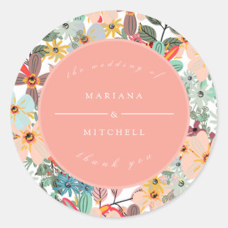 Sticker Rond Romantique Floral doux Pink Green pêche
