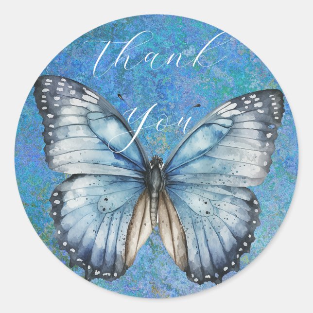 Sticker Rond Romantique papillon bleu merci (Devant)