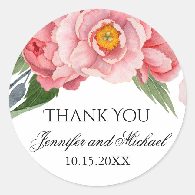 Sticker Rond Romantique Peonies rose Mariage Merci (Devant)