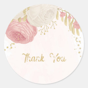 Sticker Rond Romantique rose & fleurs blanches or mariage