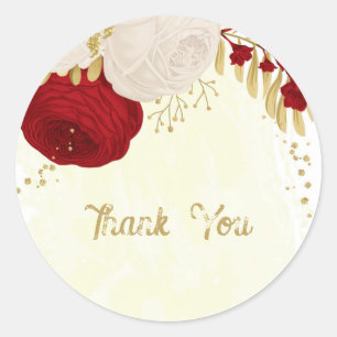Sticker Rond Romantique rouge foncé & fleurs blanches or mariag