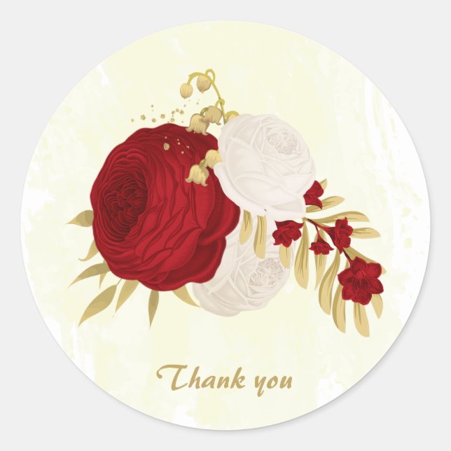 Sticker Rond Romantique rouge foncé & fleurs blanches or mariag (Devant)