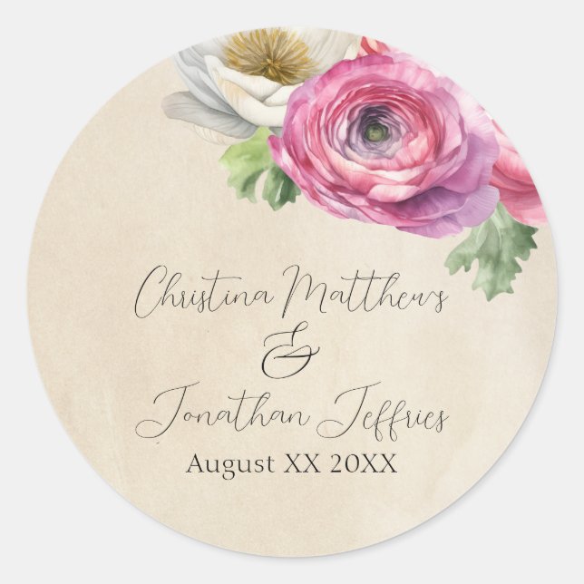 Sticker Rond Romantique Rustique rose & blanc Ranunculus (Devant)