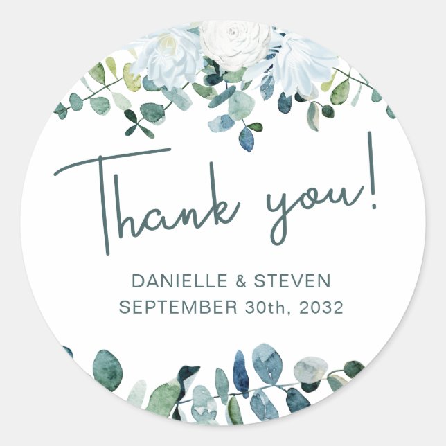 Sticker Rond Romantique vert eucalyptus noms & date mariage (Devant)