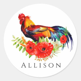 Sticker Rond Rooster avec des pavots Personnalisé