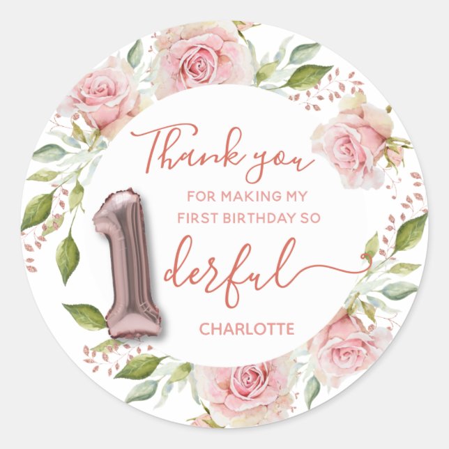 Sticker rond rose 1er Merci anniversaire classique (Devant)
