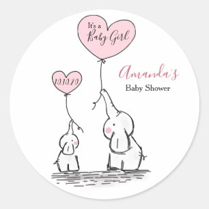 Sticker Rond Rose, baby shower gris blanc d'éléphant