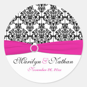 Sticker rond rose, blanc et noir Damask 1,5 pouces