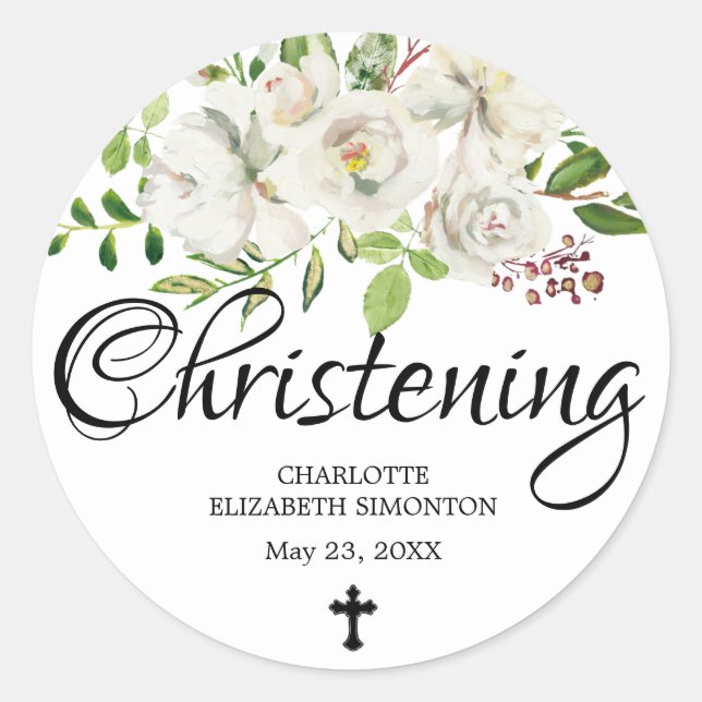 Sticker Rond Rose blanche antique et baptême croisé (Devant)