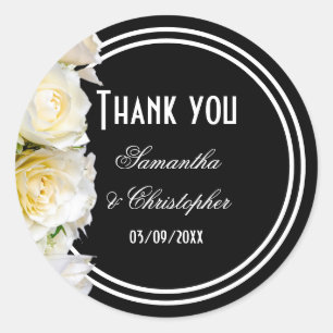 Sticker Rond Rose blanche sur mariage noir nuptiale merci