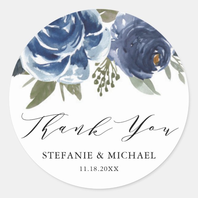 Sticker Rond Rose bleu aquarelle et Merci Mariage Peony (Devant)