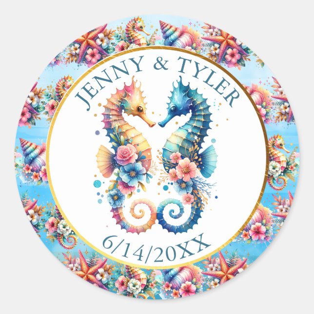 Sticker Rond Rose, Bleu et Or Coastal Sand Dollar Beachy (Devant)