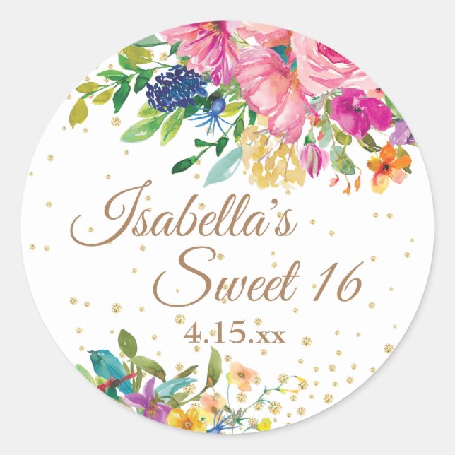 Sticker Rond Rose Bleu Jaune Floral Sweet 16 (Devant)