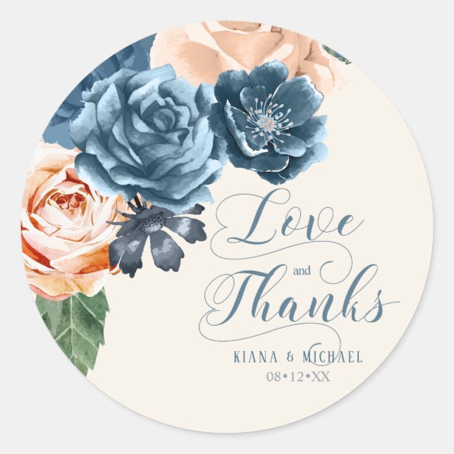 Sticker Rond Rose Bleu/Pêche Mariage Amour et Merci ID584 (Devant)