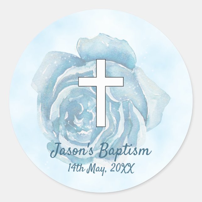 Sticker Rond Rose bleu scintillant garçon Baptême (Devant)