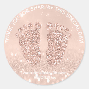 Sticker Rond Rose Blush Parties scintillant Pieds Baby shower F