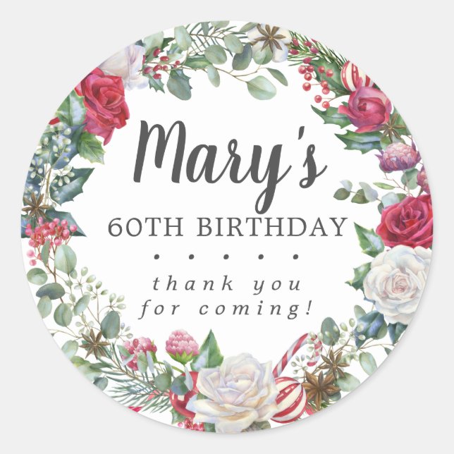 Sticker Rond Rose botanique d'hiver 60e anniversaire Merci (Devant)