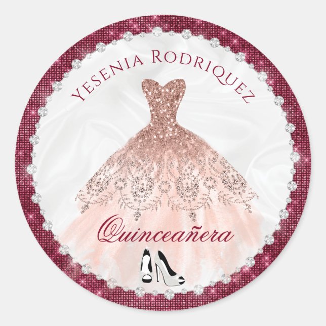 Sticker Rond Rose Bourgogne Gold Sparkle Glam Quinceañera (Devant)