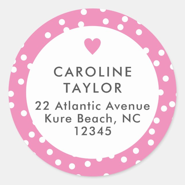 Sticker Rond Rose Bulle Coeur & Points Mignon Fillette Adresse (Devant)